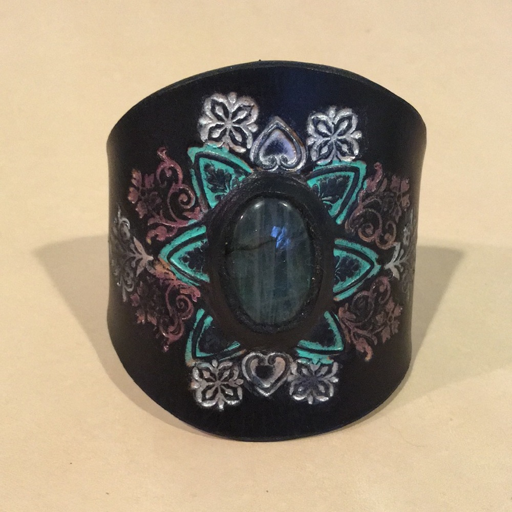 Tooled Leather Cuff Bracelet with Labradorite Gemstone Inlay Boho Mandala Cuff